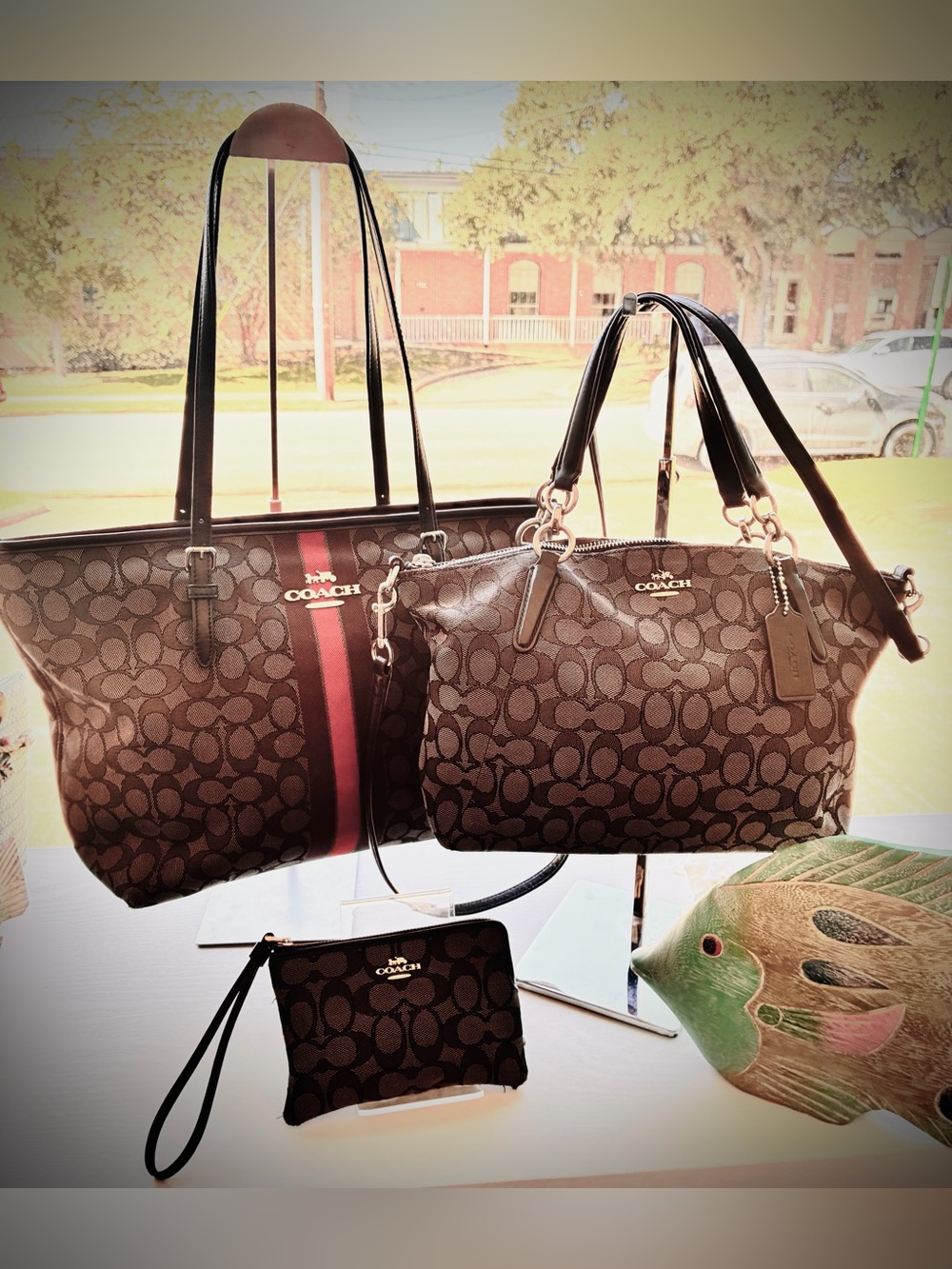 Coach Signature Grey Red Stripe Tote, Satchel and Wristlet Set